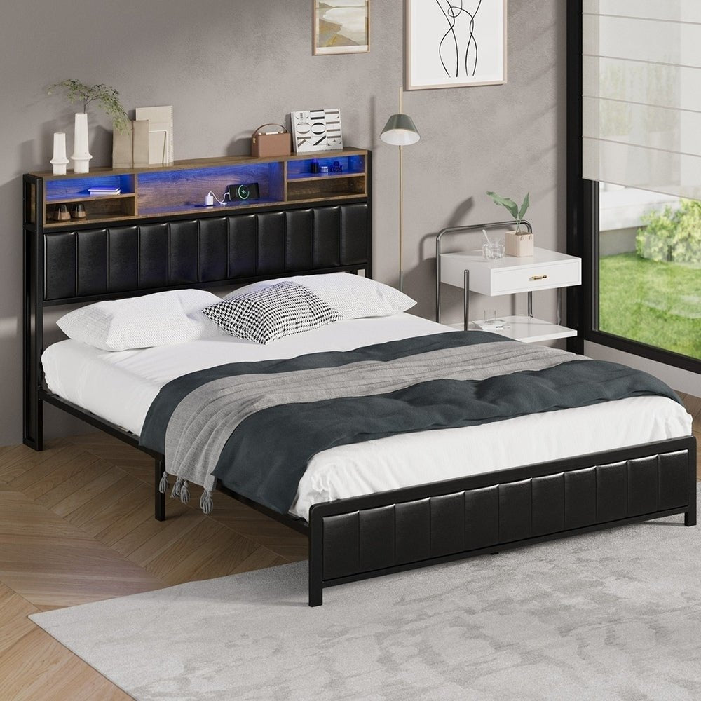 Queen Size Black Leather Bed Frame with LED Storage Bedhead - Buy Online at Bargain Bay Australia