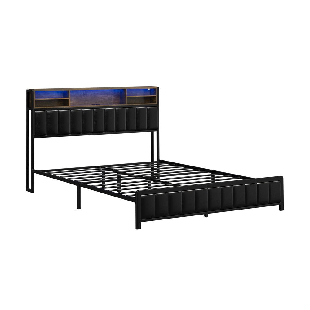 Queen Size Black Leather Bed Frame with LED Storage Bedhead - Buy Online at Bargain Bay Australia