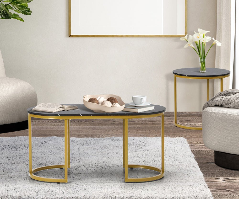 Set of 2 Black and Gold Coffee Tables with Marble Effect - Buy Online at Bargain Bay Australia