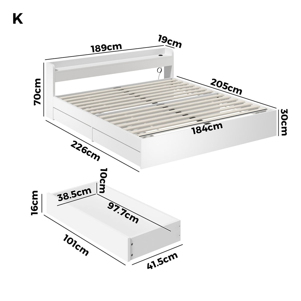 White King Size Bed Frame with Charging Ports and 2 Drawers - Buy Online at Bargain Bay Australia