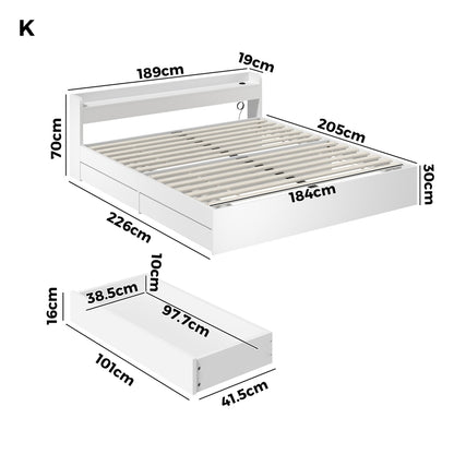 White King Size Bed Frame with Charging Ports and 2 Drawers - Buy Online at Bargain Bay Australia