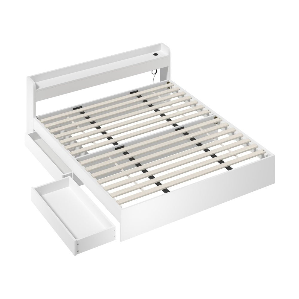 White King Size Bed Frame with Charging Ports and 2 Drawers - Buy Online at Bargain Bay Australia