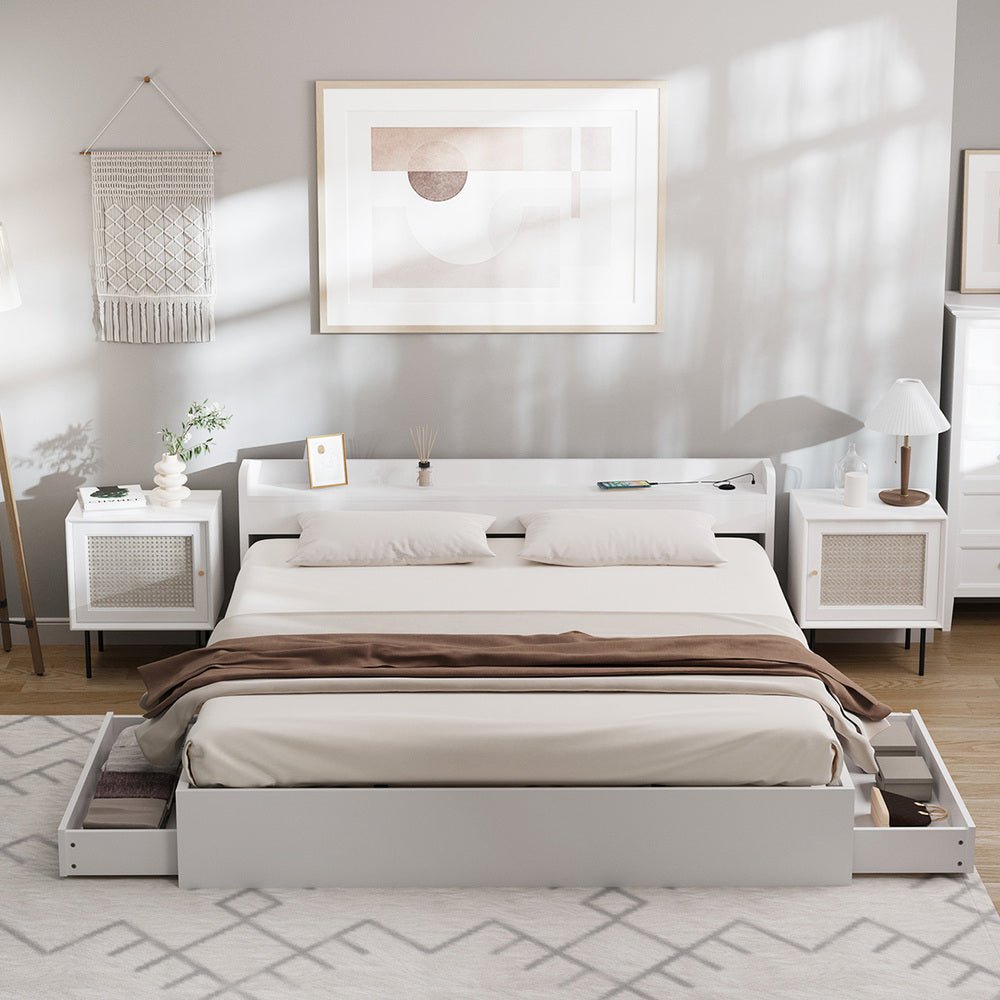 White King Size Bed Frame with Charging Ports and 2 Drawers - Buy Online at Bargain Bay Australia