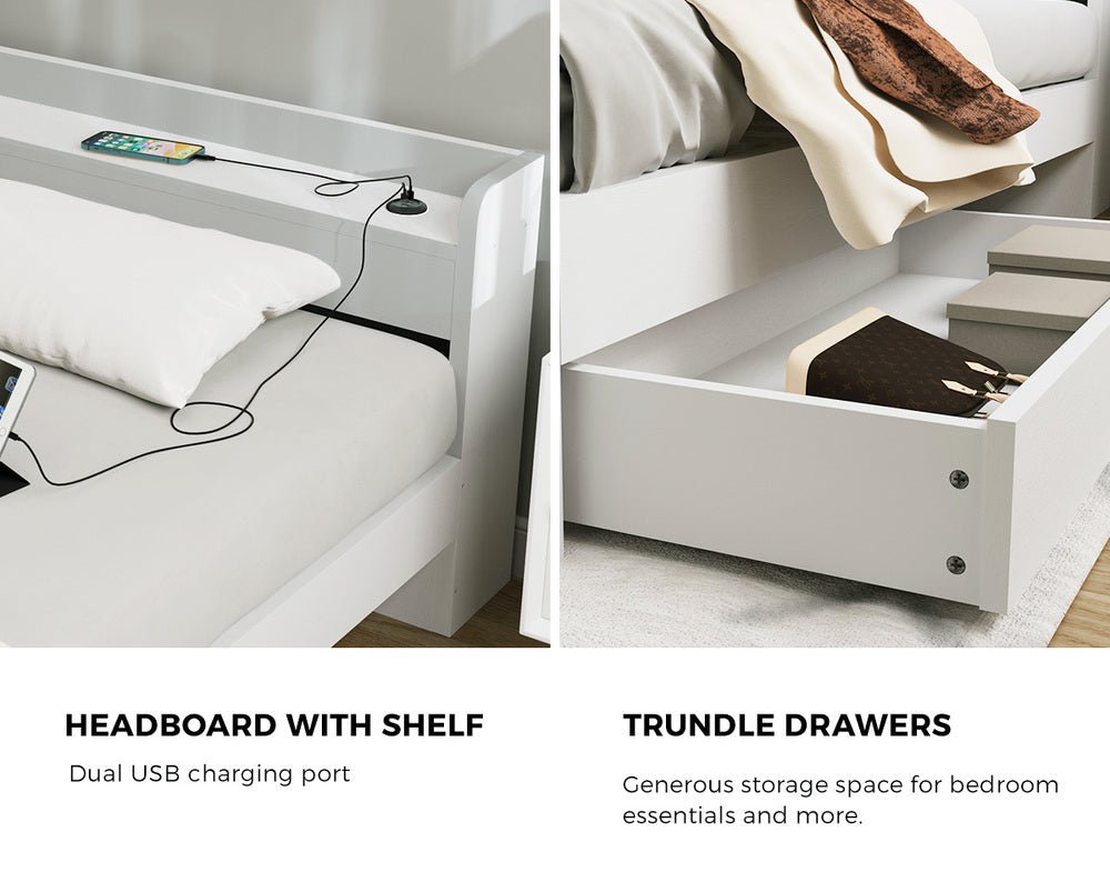White King Size Bed Frame with Charging Ports and 2 Drawers - Buy Online at Bargain Bay Australia