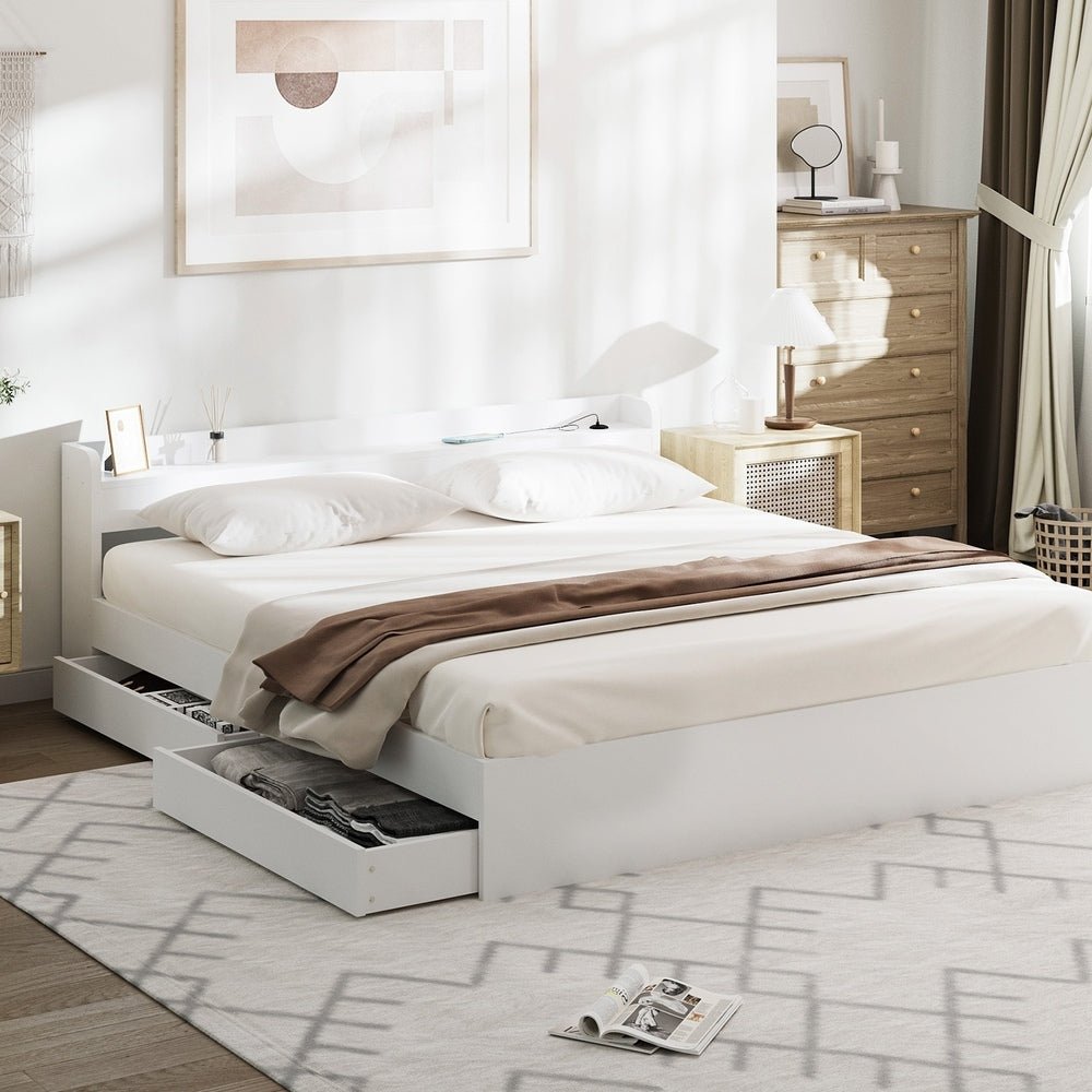 White King Size Bed Frame with Charging Ports and 2 Drawers - Buy Online at Bargain Bay Australia