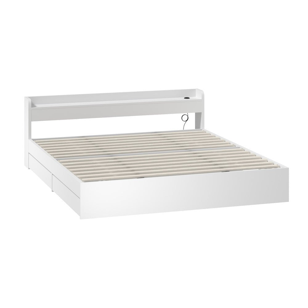 White King Size Bed Frame with Charging Ports and 2 Drawers - Buy Online at Bargain Bay Australia